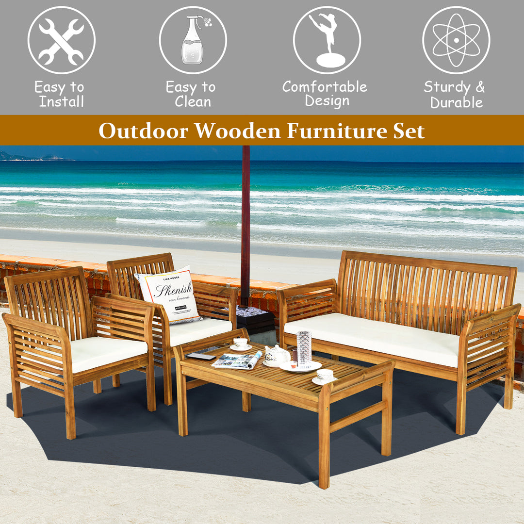 8 PCS Outdoor Acacia Wood Sofa Furniture Set Cushioned Chair Coffee Table Garden Image 5