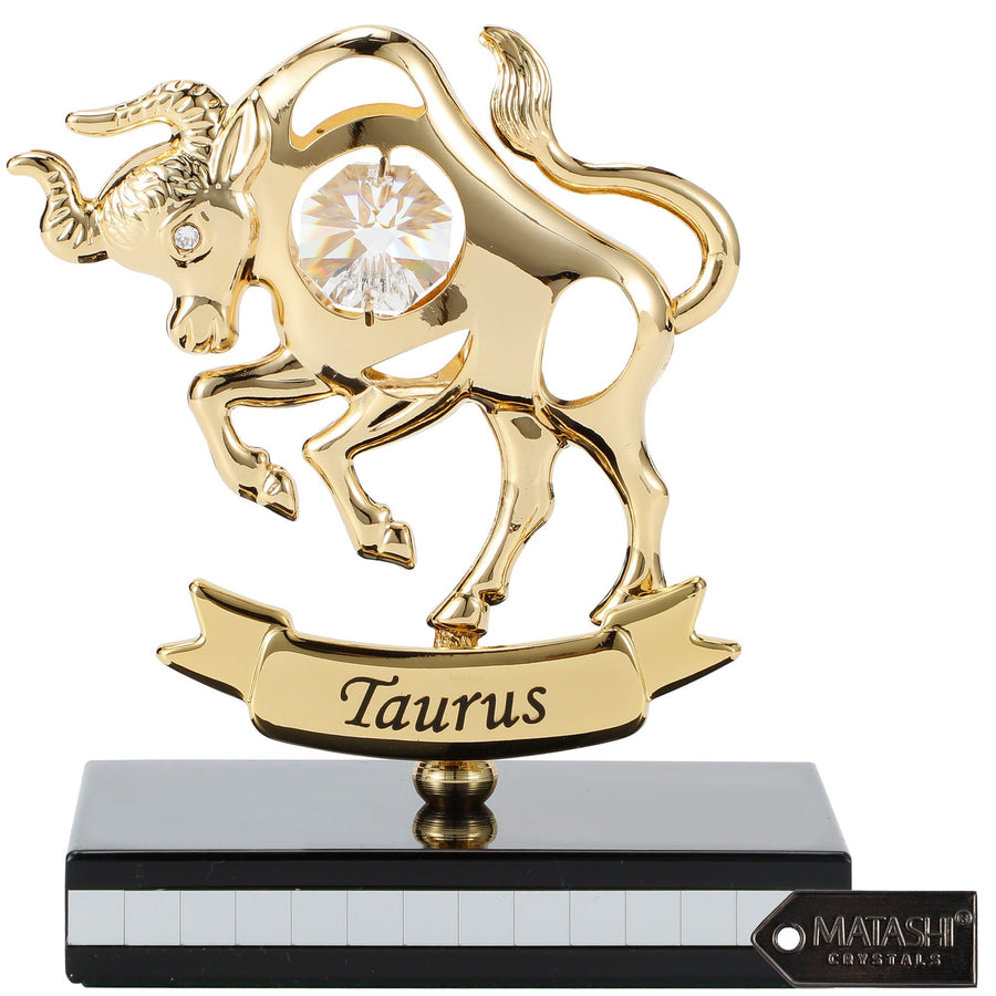 Matashi 24K Gold Plated Zodiac Astrological Sign Taurus Figurine Statuette on Stand Studded with Crystals Girlfriend Image 1