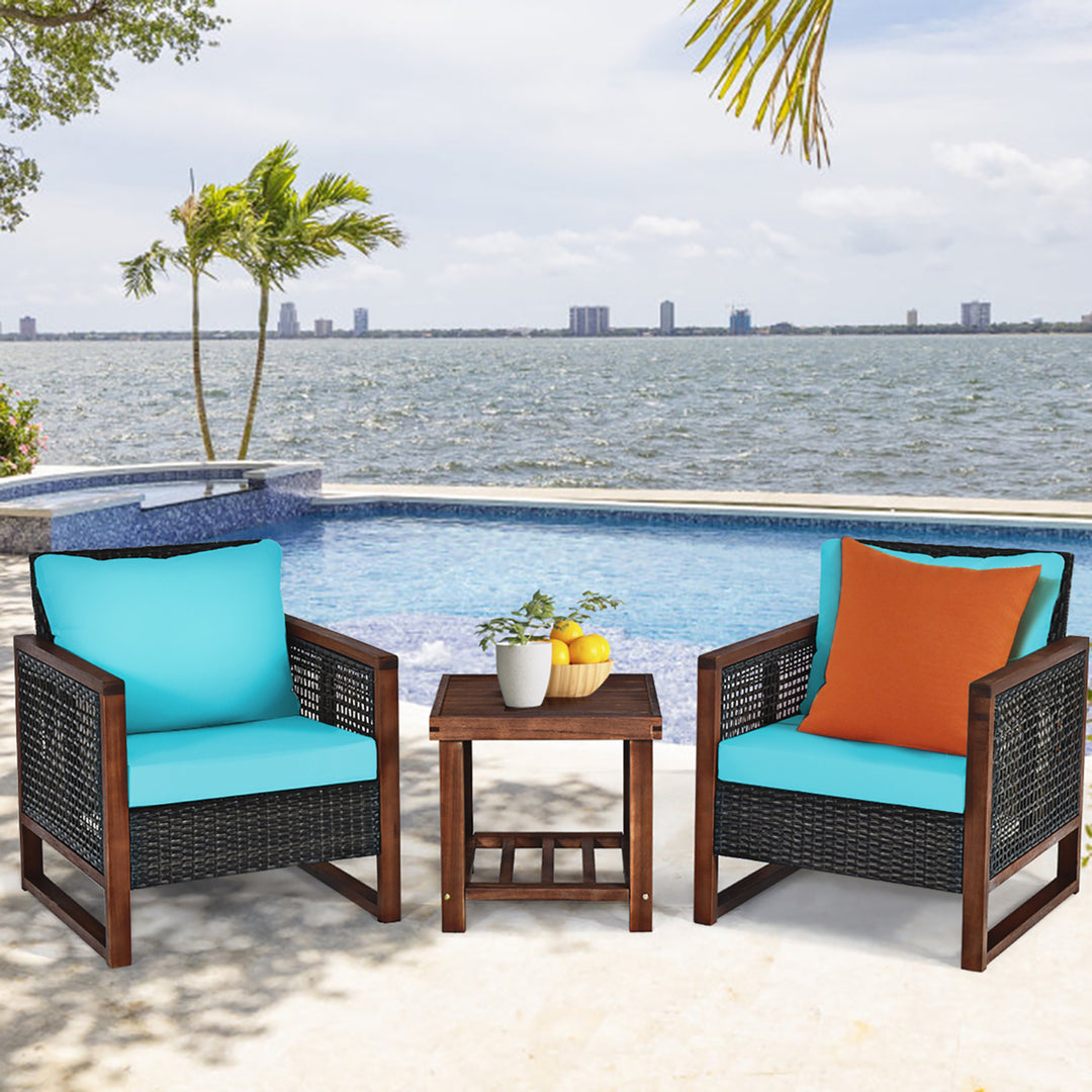 Costway 3PCS Patio Wicker Furniture Set Wooden Frame Cushion Sofa Turquoise\Navy Image 1