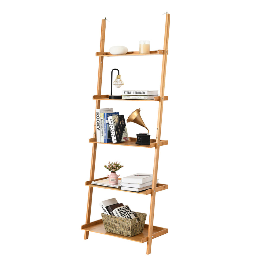 5-Tier Ladder Shelf Bamboo Bookshelf Wall-Leaning Storage Display Plant Stand Image 1