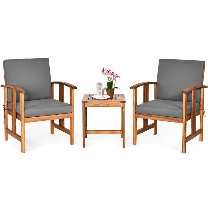 3PCS Solid Wood Patio Furniture Set TableandChairs Grey Cushion Image 1