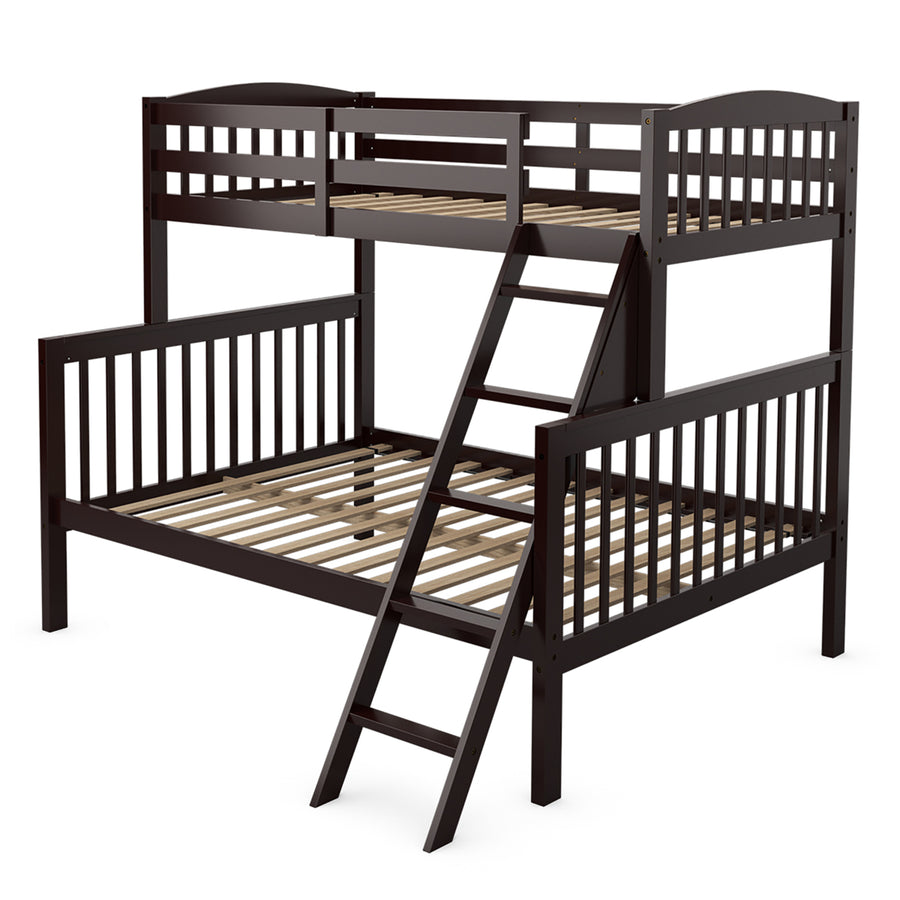 Costway Twin over Full Bunk Bed Rubber Wood Convertible with Ladder Guardrail Image 1