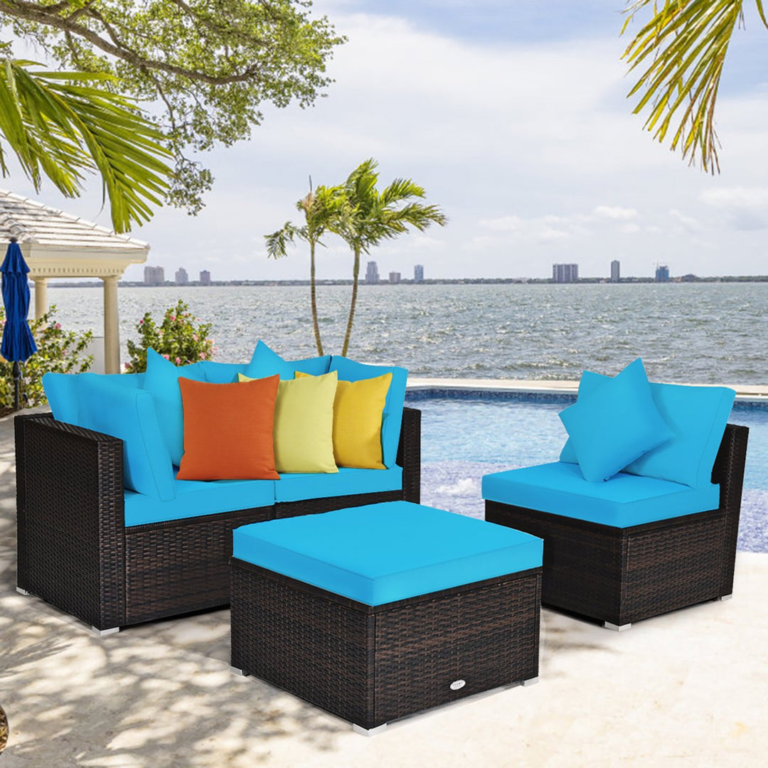 Costway 4PCS Patio Rattan Wicker Furniture Set Cushioned Sofa Ottoman Garden Turquoise\Red Image 1