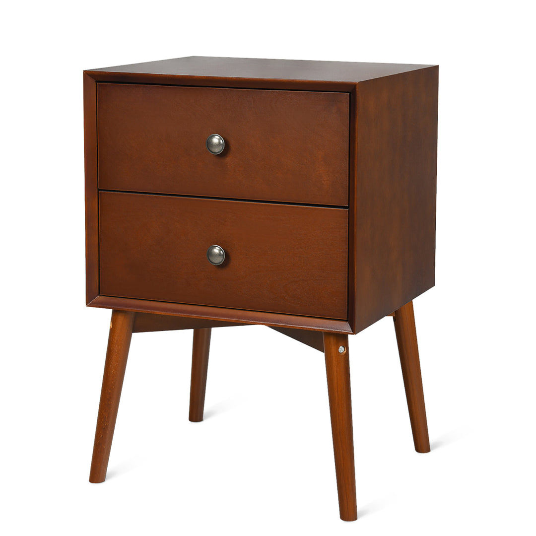 Nightstand Mid-Century End Side Table 2 Drawers Rubber Wood Legs Living Room Image 1