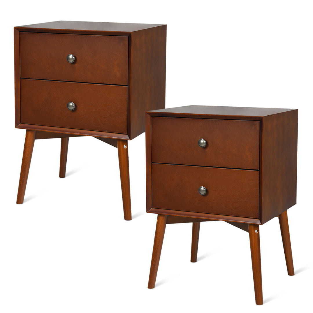 2PCS Nightstand Mid-Century End Side Table 2 Drawer Rubber Wood Legs Living Room Image 1