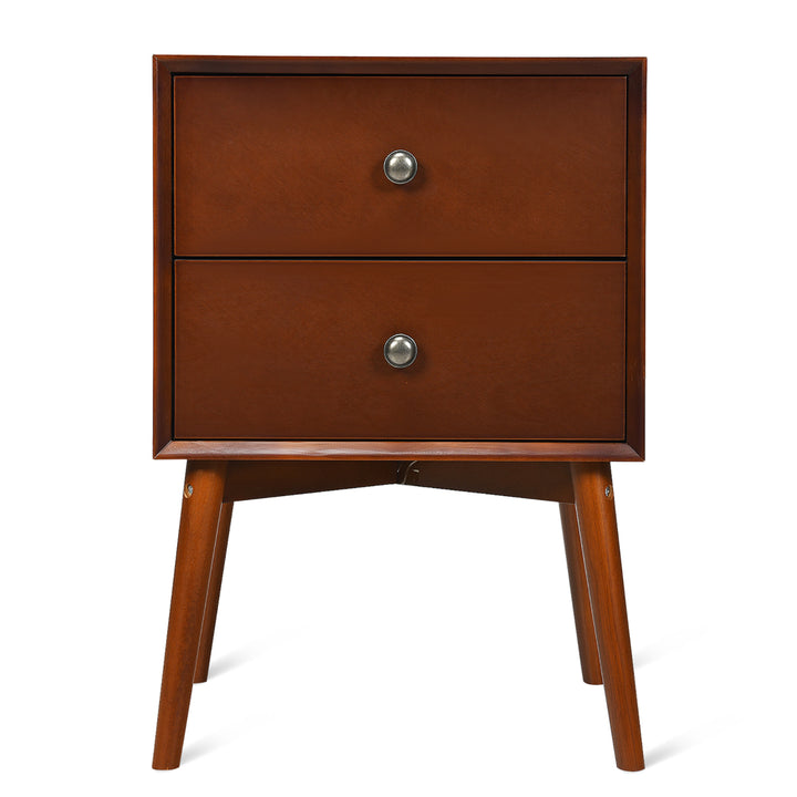 Nightstand Mid-Century End Side Table 2 Drawers Rubber Wood Legs Living Room Image 10