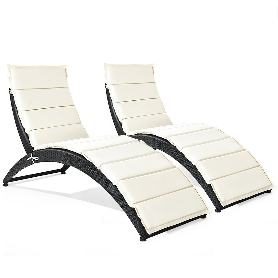 2PCS Folding Patio Rattan Lounge Chair Chaise Cushioned Portable Garden Black Image 1