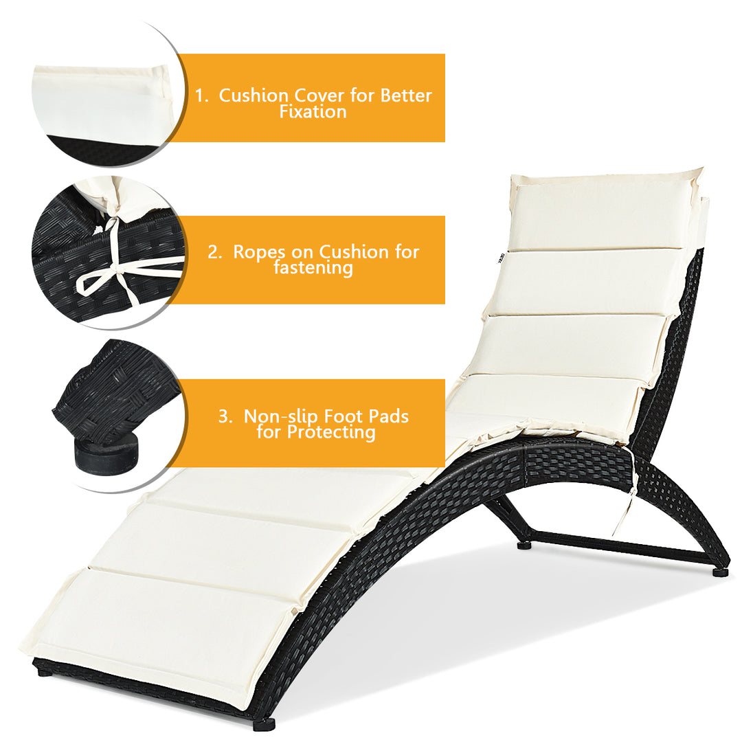 2PCS Folding Patio Rattan Lounge Chair Chaise Cushioned Portable Garden Black Image 8