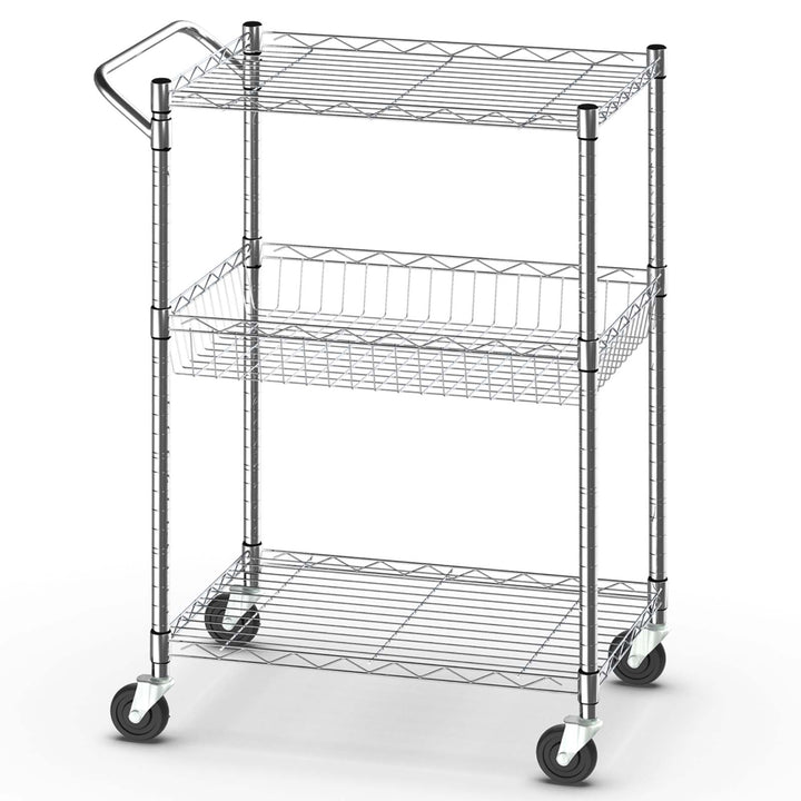 3-Tier Utility Cart Heavy Duty Wire Rolling Cart w/Handle Bar Storage Trolley Image 1