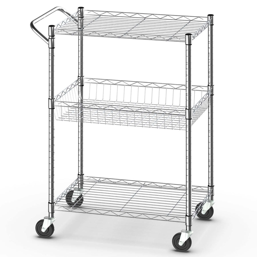 3-Tier Utility Cart Heavy Duty Wire Rolling Cart w/Handle Bar Storage Trolley Image 1