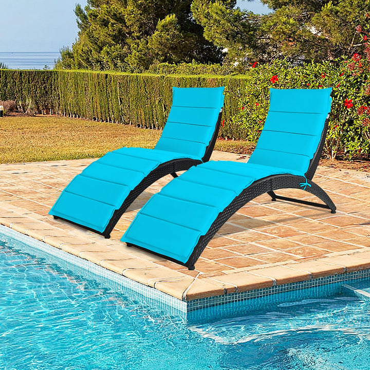 2PCS Folding Patio Rattan Lounge Chair Chaise Cushioned Portable Lawn Turquoise Image 1