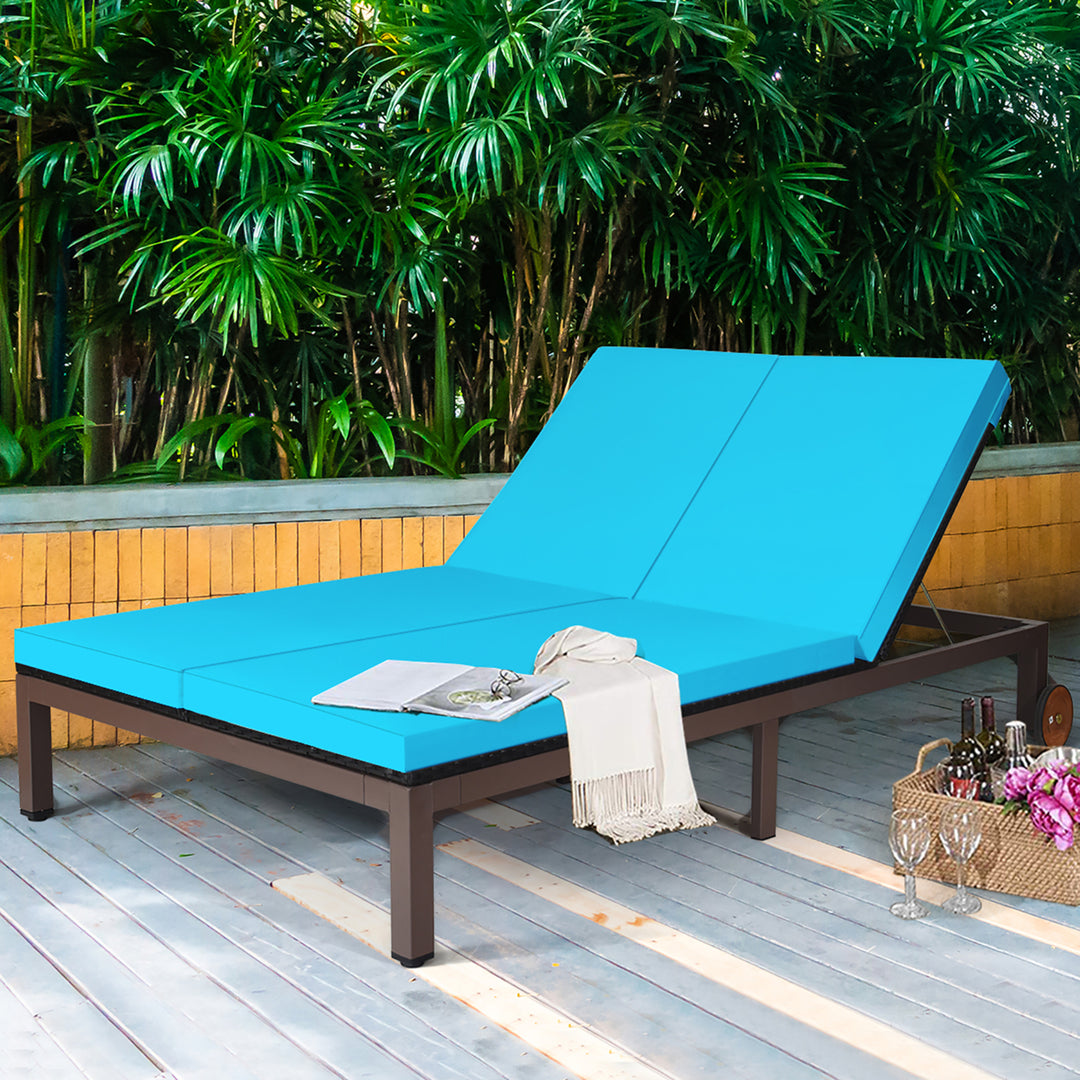 2-Person Patio Rattan Lounge Chair Chaise Recliner Adjustable Cushion Turquoise Image 1