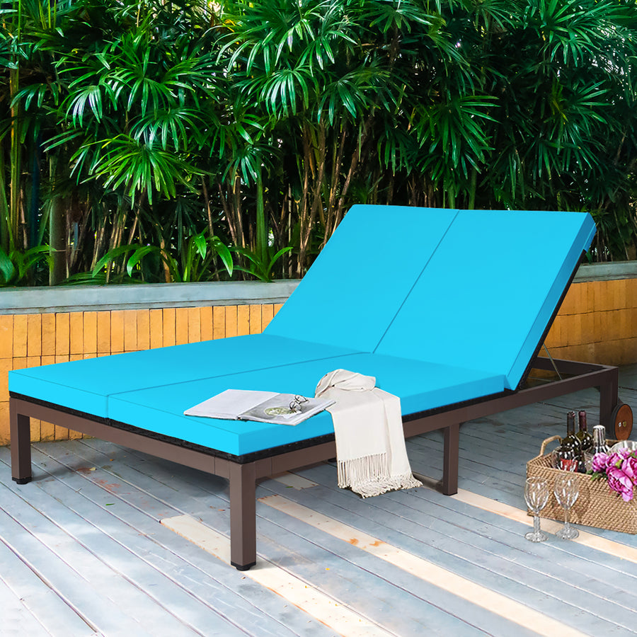 2-Person Patio Rattan Lounge Chair Chaise Recliner Adjustable Cushion Turquoise Image 1