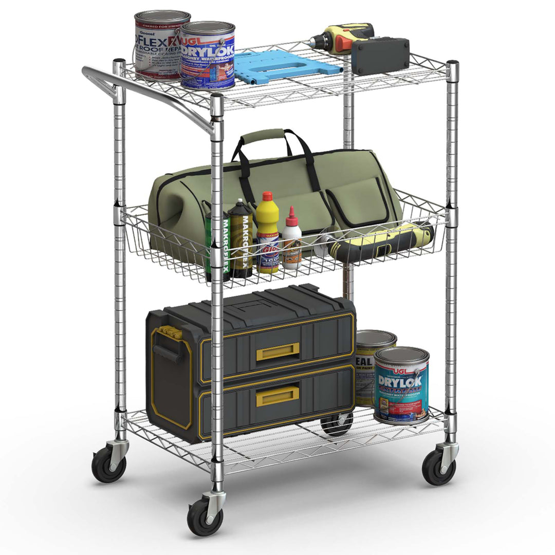 3-Tier Utility Cart Heavy Duty Wire Rolling Cart w/Handle Bar Storage Trolley Image 10