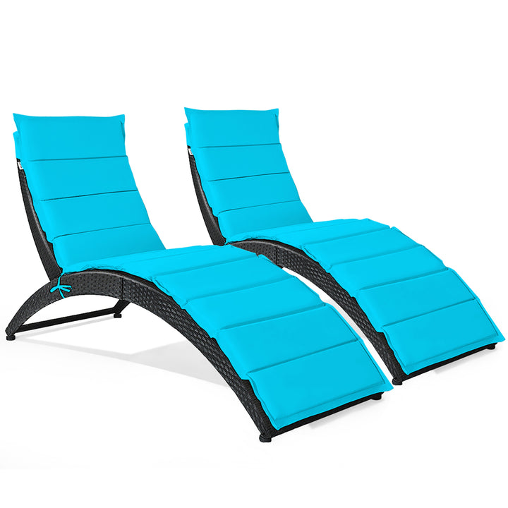 2PCS Folding Patio Rattan Lounge Chair Chaise Cushioned Portable Lawn Turquoise Image 8