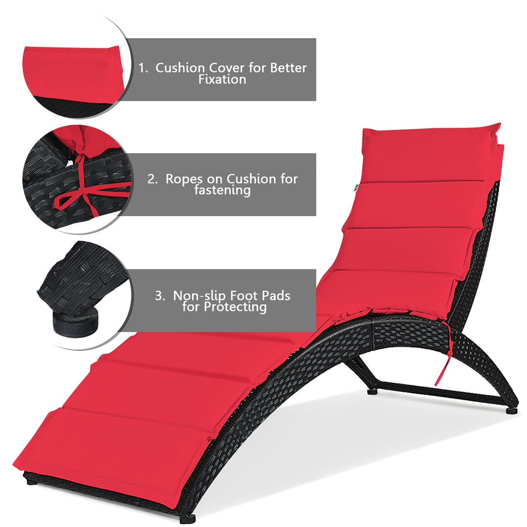 2PCS Folding Patio Rattan Lounge Chair Chaise Cushioned Portable Garden Lawn Red Image 6