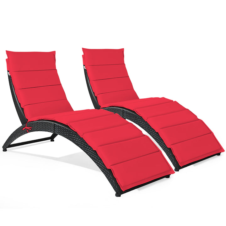 2PCS Folding Patio Rattan Lounge Chair Chaise Cushioned Portable Garden Lawn Red Image 8