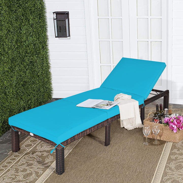 Costway Outdoor Rattan Lounge Chair Chaise Recliner Adjustable Cushioned Patio Turquoise Image 2