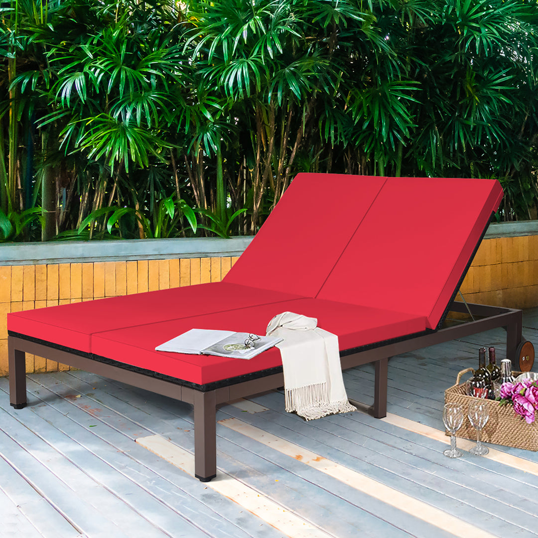 2-Person Patio Rattan Lounge chair Chaise Recliner Adjustable Cushioned Red Image 1