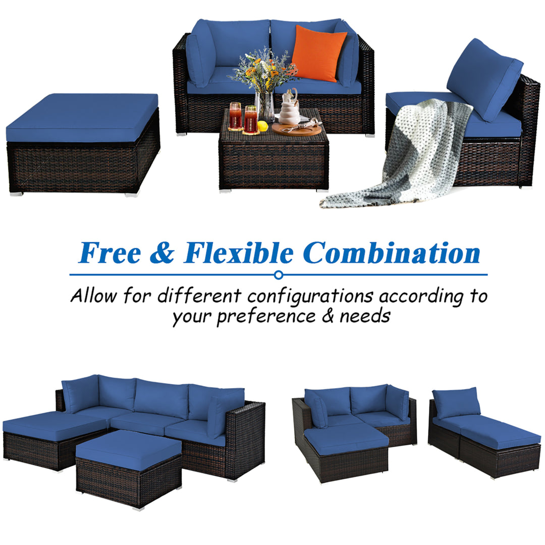 5PCS Patio Rattan Furniture Set Sectional Conversation Set Ottoman Table Navy Image 8