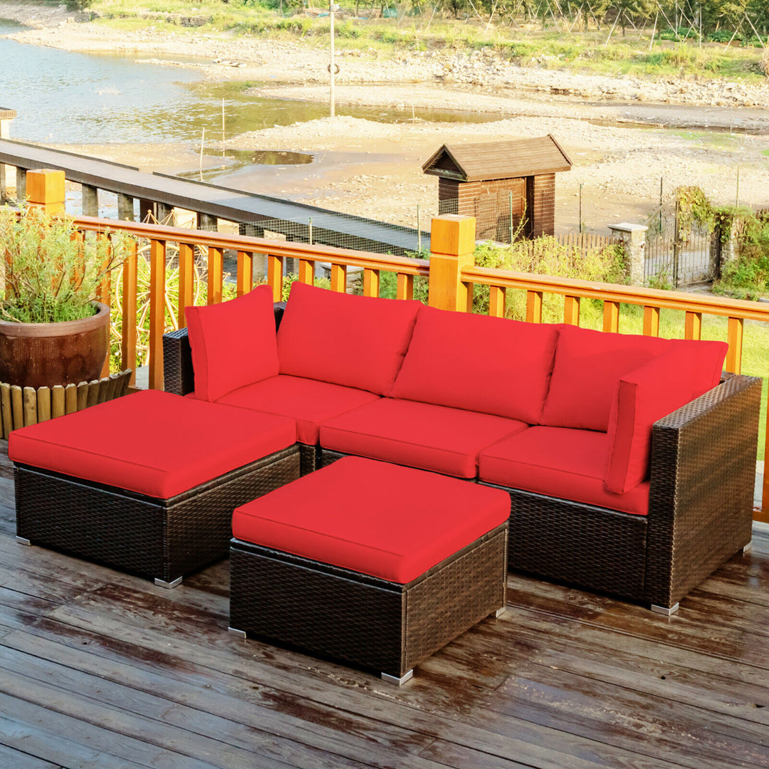 5PCS Patio Rattan Furniture Set Sectional Conversation Set Ottoman Table Red Image 1