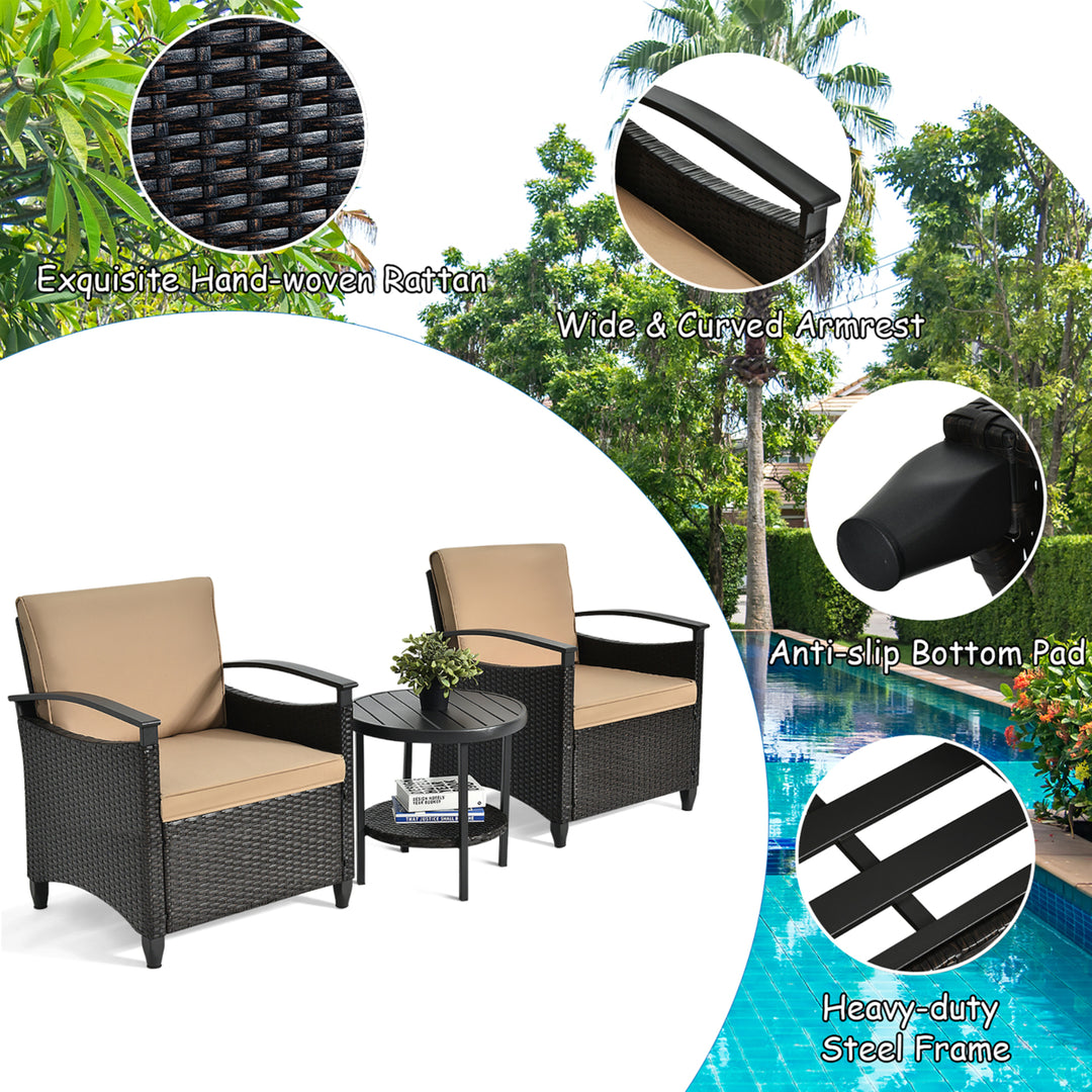 3PCS Patio Rattan Furniture Set Cushioned Sofa Storage Table W/ Shelf Garden Image 6