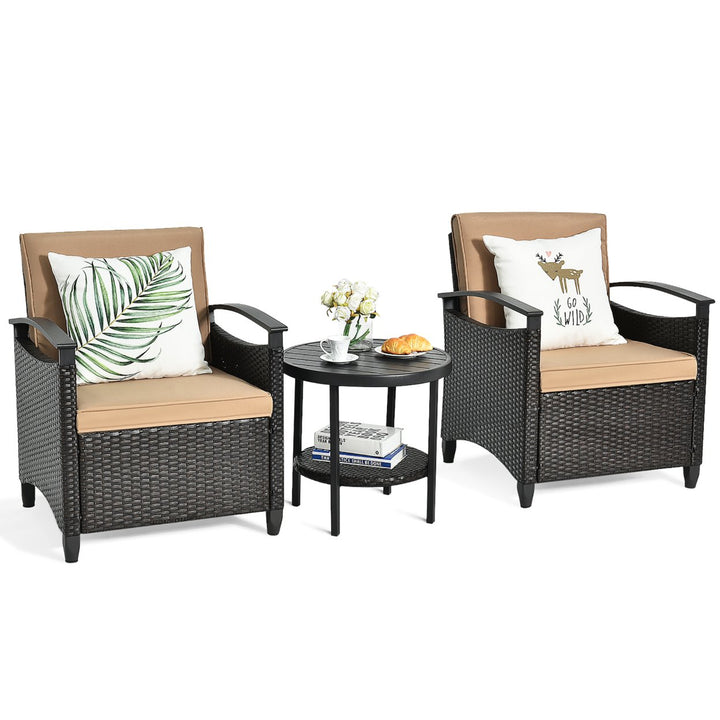 3PCS Patio Rattan Furniture Set Cushioned Sofa Storage Table W/ Shelf Garden Image 9