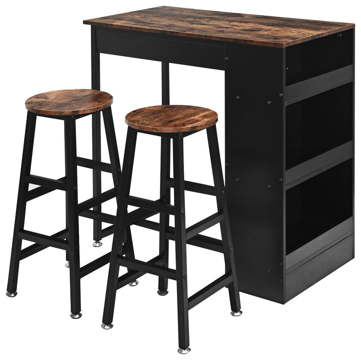 3 Pieces Bar Table Set Industrial Counter with Storage Black Image 1