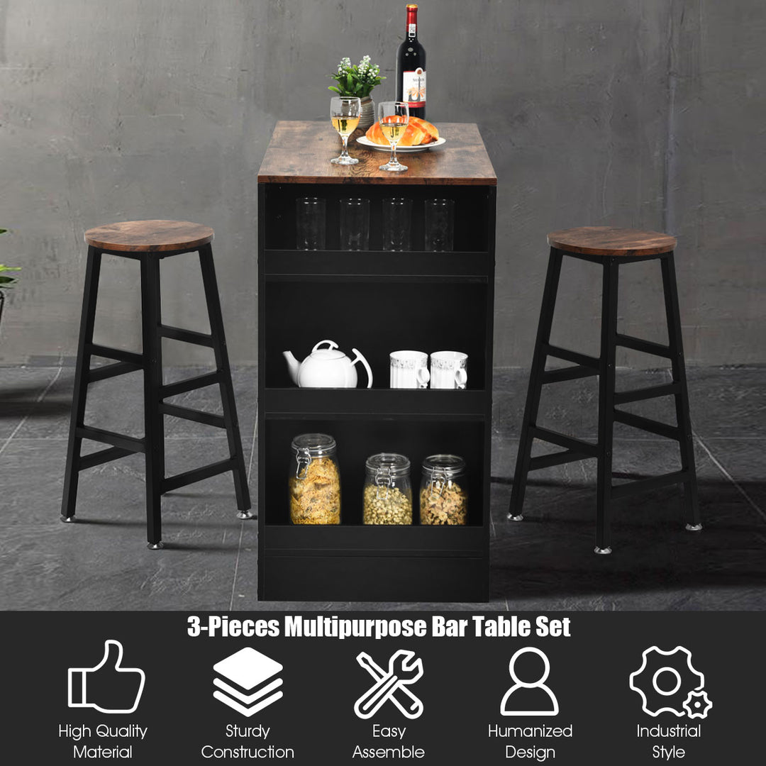 3 Pieces Bar Table Set Industrial Counter with Storage Black Image 7