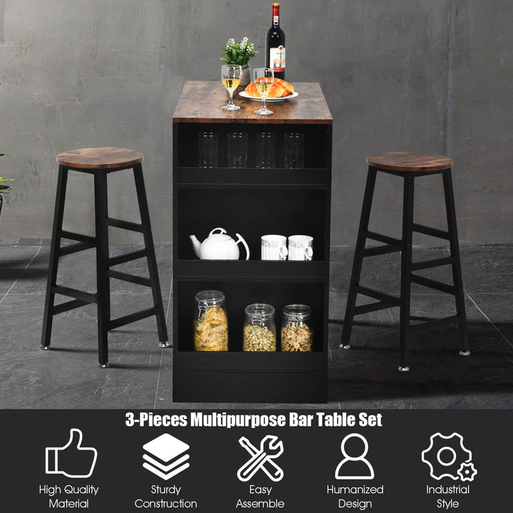 3 Pieces Bar Table Set Industrial Counter with Storage Black Image 7