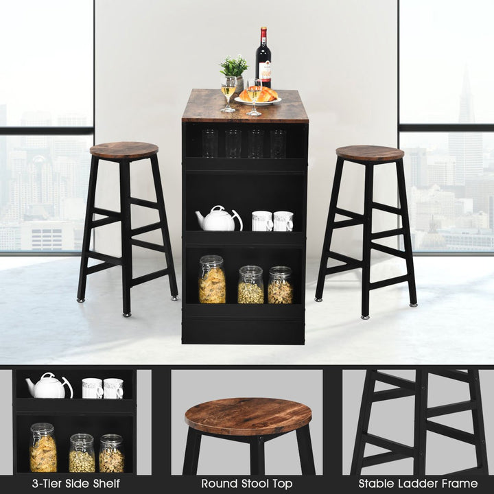 3 Pieces Bar Table Set Industrial Counter with Storage Black Image 8