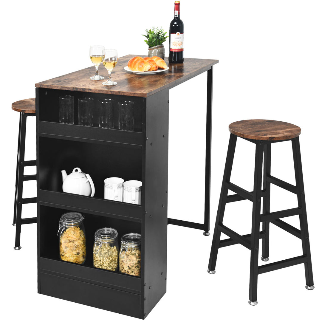 3 Pieces Bar Table Set Industrial Counter with Storage Black Image 9