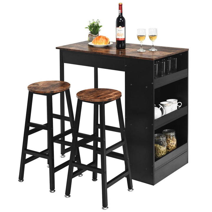 3 Pieces Bar Table Set Industrial Counter with Storage Black Image 10