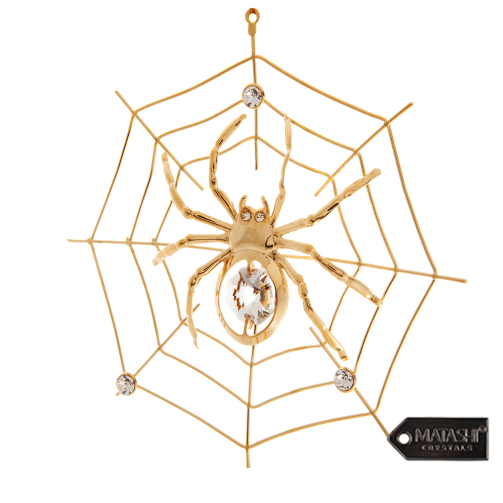 Matashi 24K Gold Plated Crystal Studded Spider on Web Hanging Ornaments for Christmas Tree, Christmas Spider Hanging Image 2