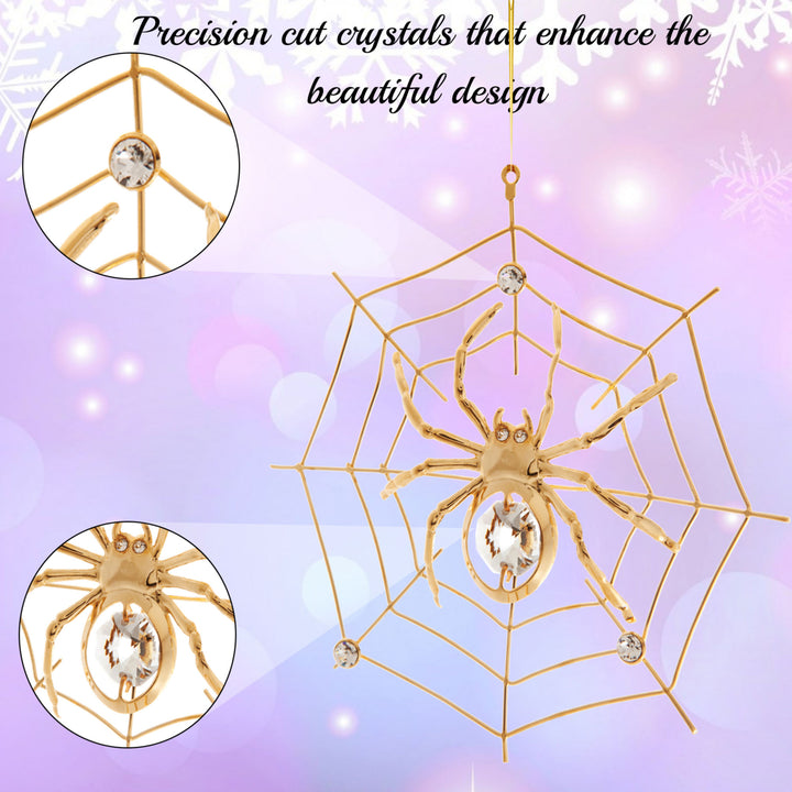 Matashi 24K Gold Plated Crystal Studded Spider on Web Hanging Ornaments for Christmas Tree, Christmas Spider Hanging Image 3