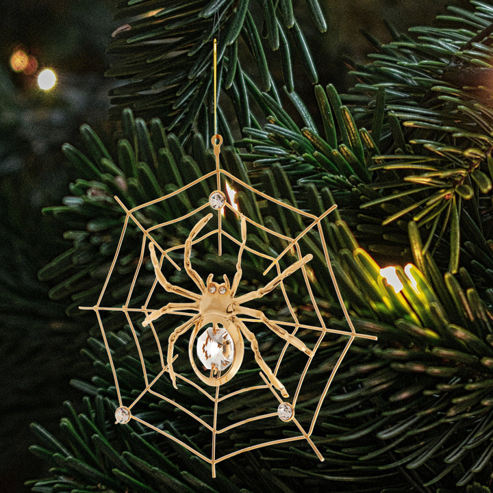 Matashi 24K Gold Plated Crystal Studded Spider on Web Hanging Ornaments for Christmas Tree, Christmas Spider Hanging Image 6