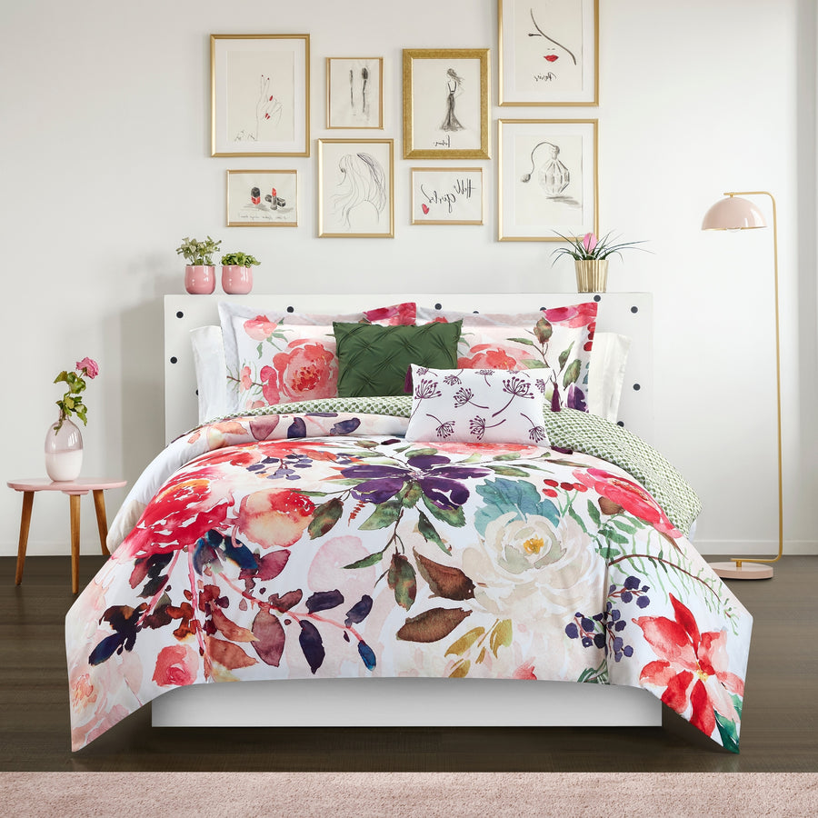 5 Piece Reversible Comforter Set Floral Watercolor Design Bedding Image 1