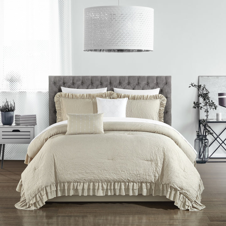 5 piece Kensley Comforter Set Washed Crinkle Ruffled Flange Border Design Bedding Image 3