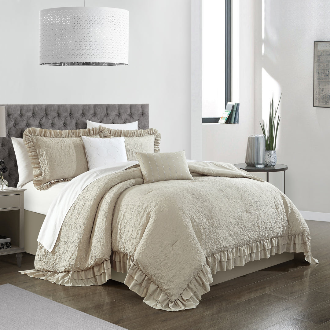 5 piece Kensley Comforter Set Washed Crinkle Ruffled Flange Border Design Bedding Image 4