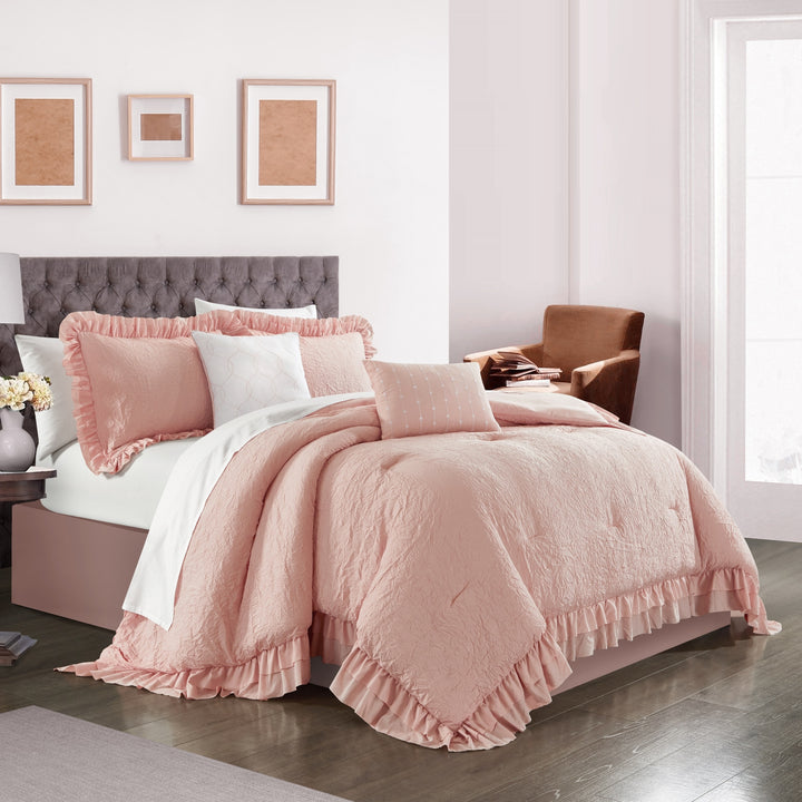 5 piece Kensley Comforter Set Washed Crinkle Ruffled Flange Border Design Bedding Image 5