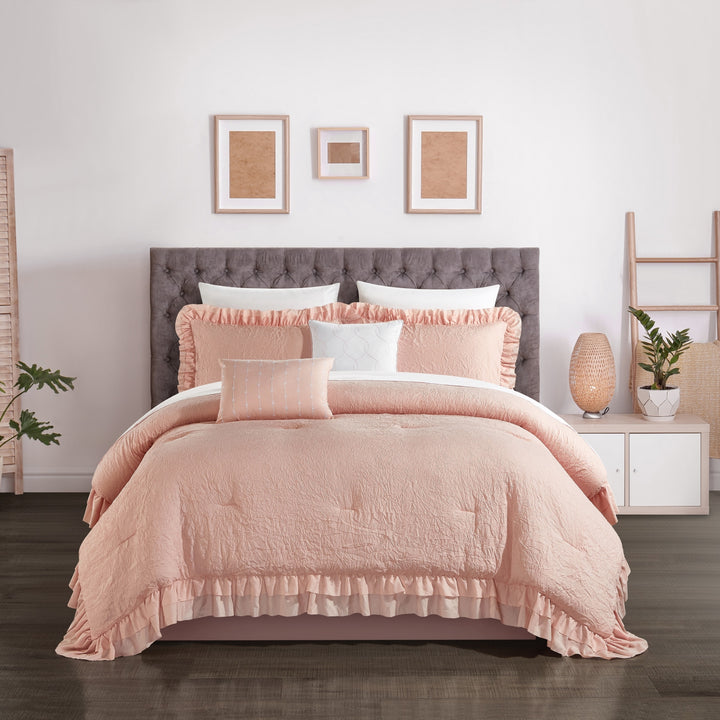 5 piece Kensley Comforter Set Washed Crinkle Ruffled Flange Border Design Bedding Image 6