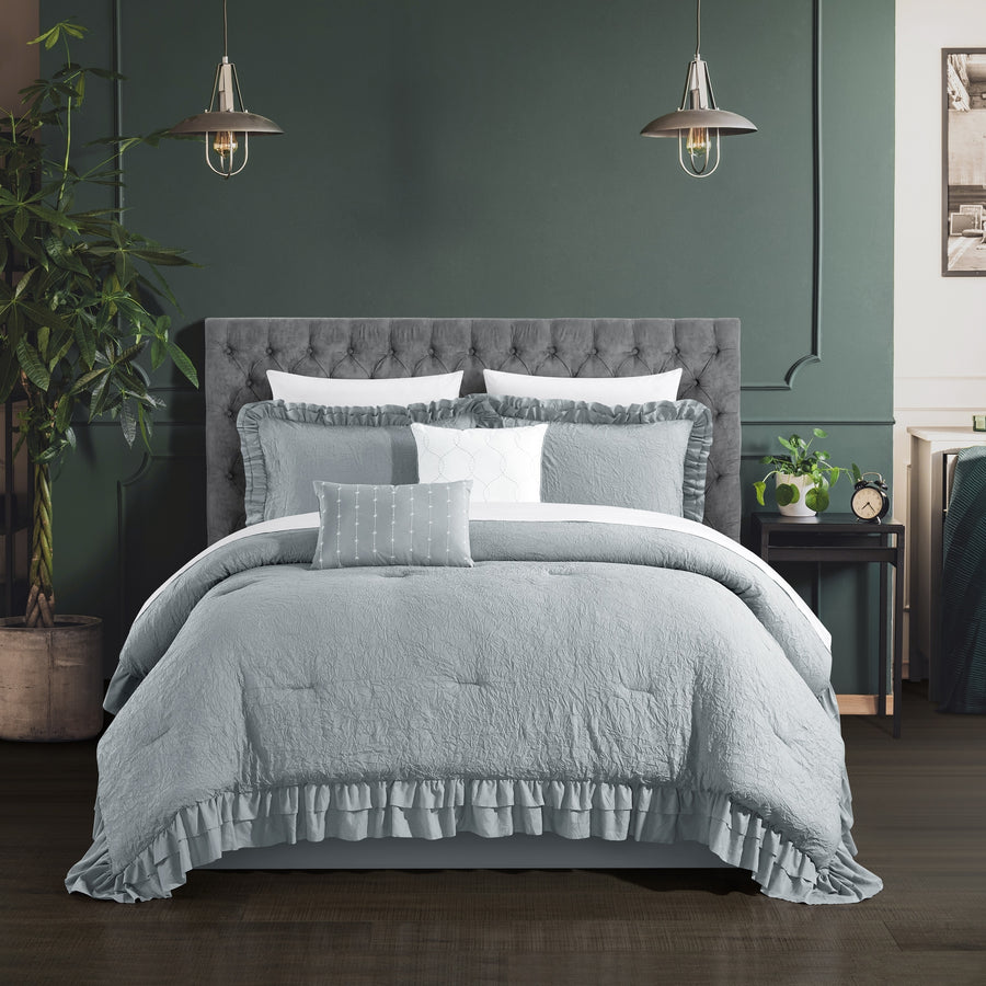 5 piece Kensley Comforter Set Washed Crinkle Ruffled Flange Border Design Bedding Image 1