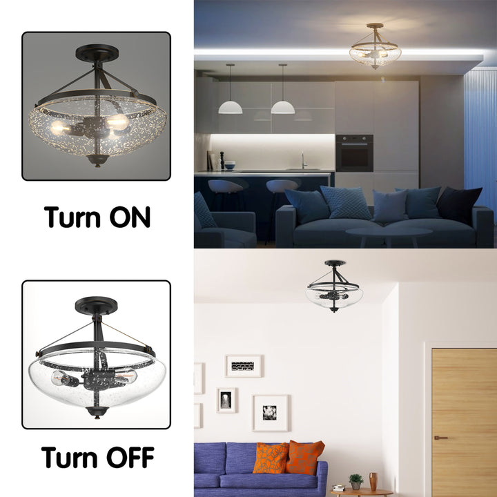 3-Light Semi Flush Mount Ceiling Light Industrial Seeded Glass Pendant Lamp Image 7