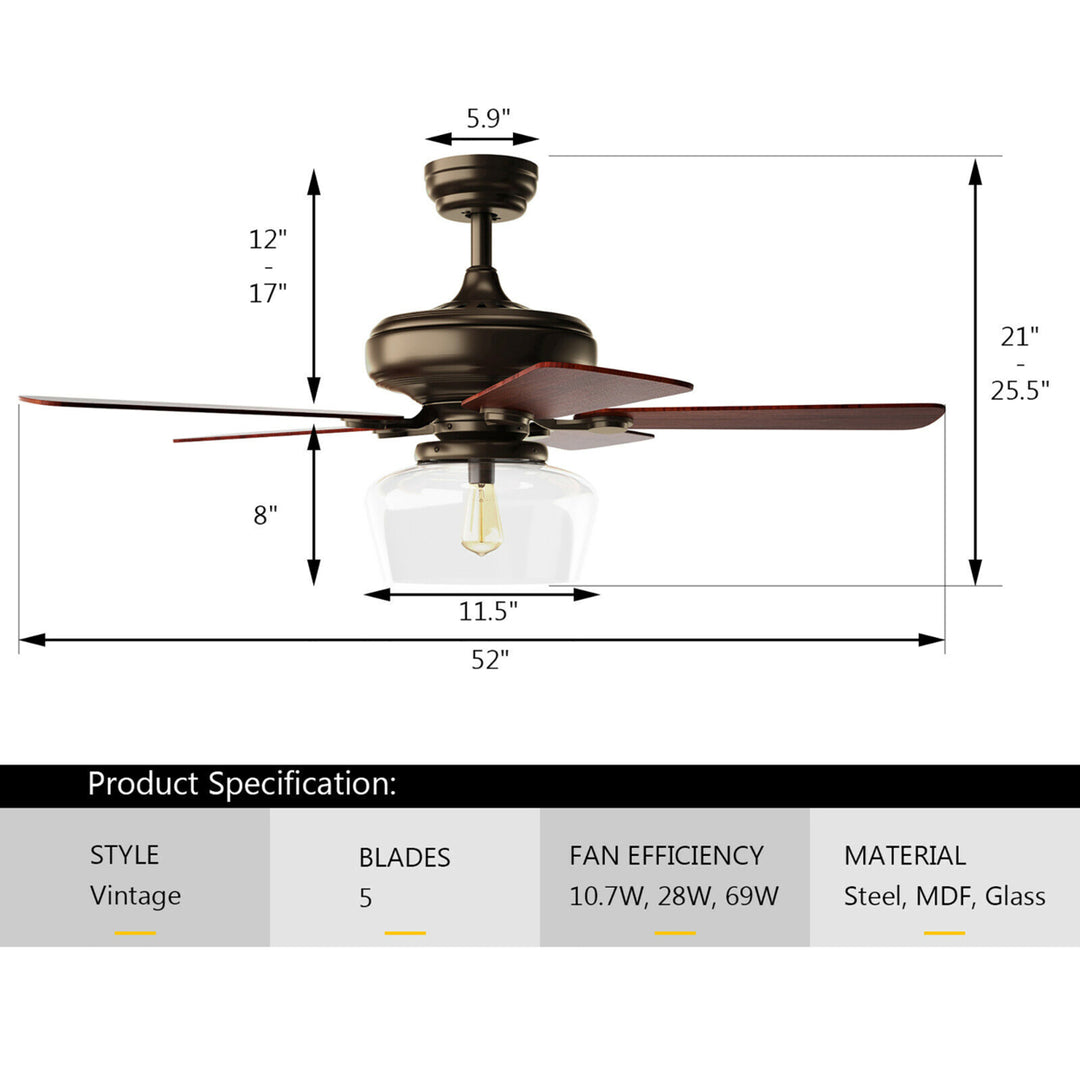 52" Vintage Ceiling Fan Light w/ Remote Control Reversible Blades Home Indoor Image 7