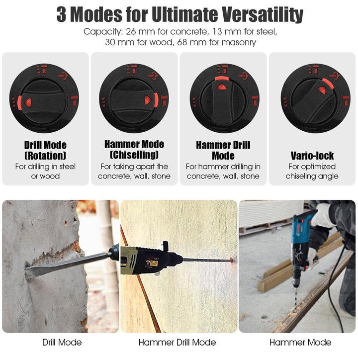 1/2 Electric Rotary Hammer Drill 3 Mode SDS-Plus Chisel Kit 1100W Image 9