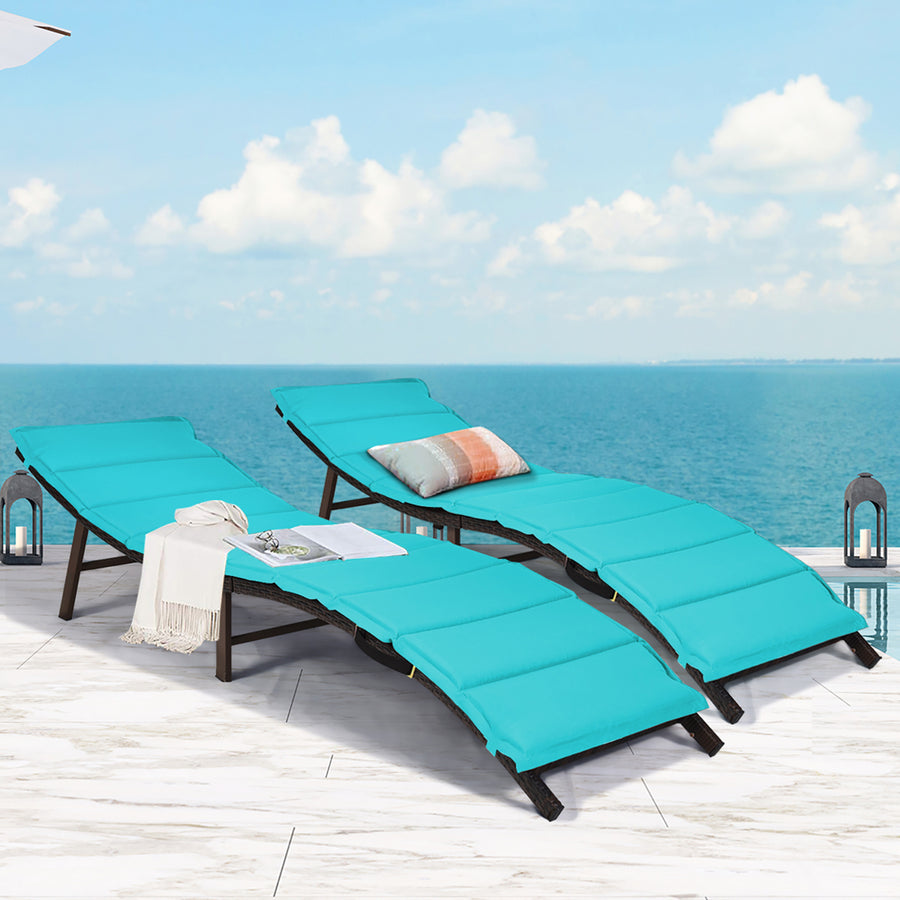 2PCS Patio Rattan Folding Lounge Chair Chaise Double Sided Cushion Turquoise Image 1