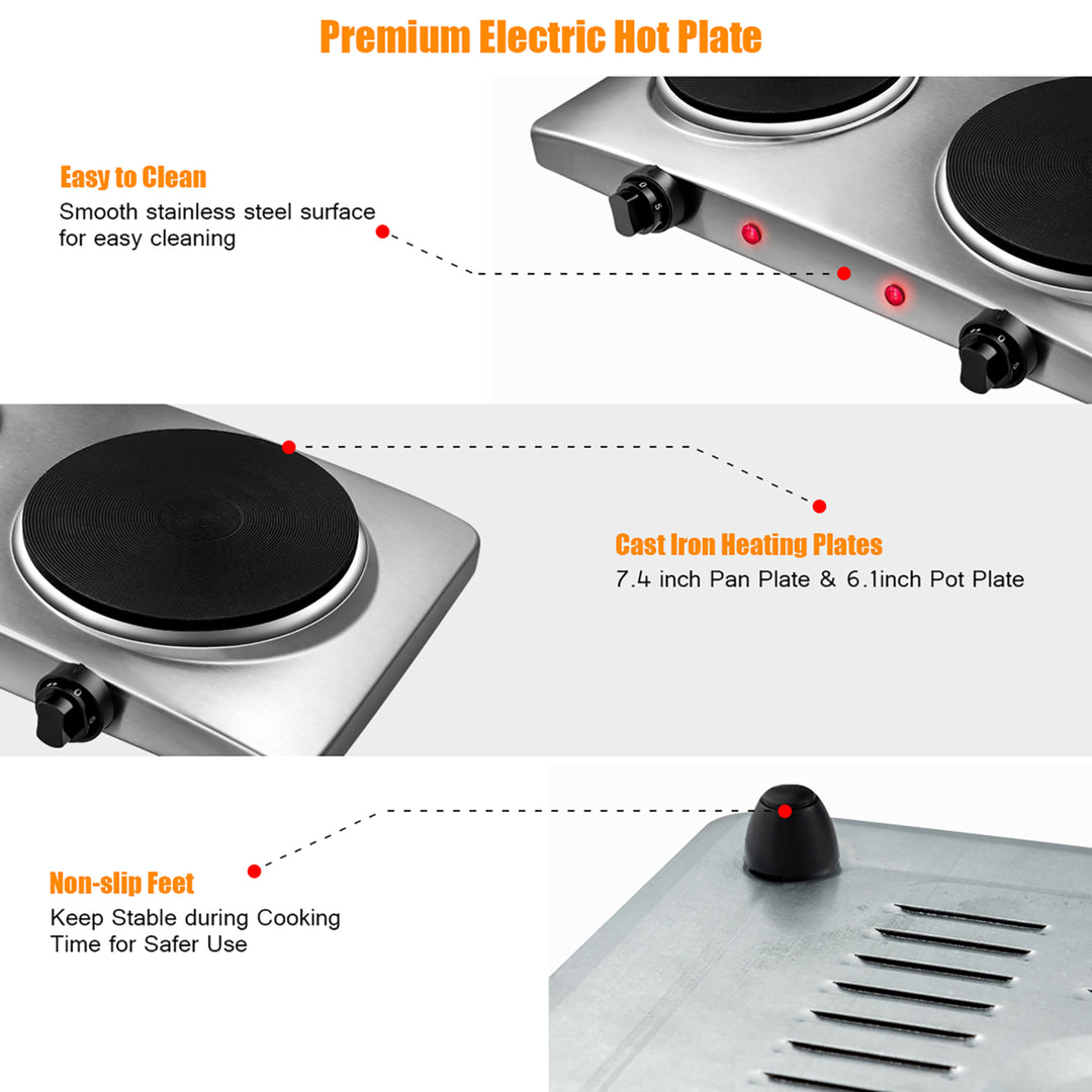 1800W Double Hot Plate Electric Countertop Burner Stainless Steel 5 Power Levels Image 9