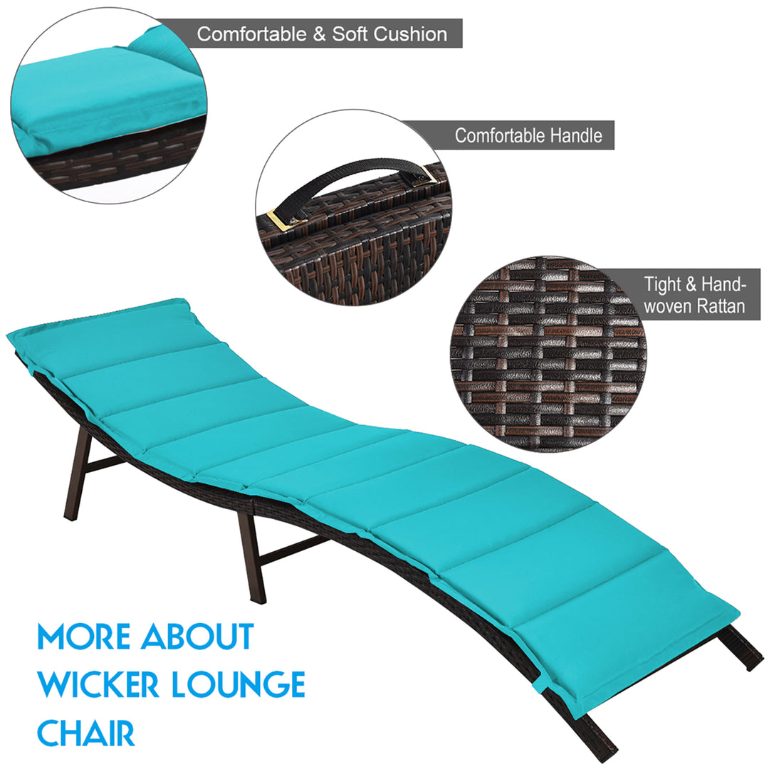 2PCS Patio Rattan Folding Lounge Chair Chaise Double Sided Cushion Turquoise Image 8