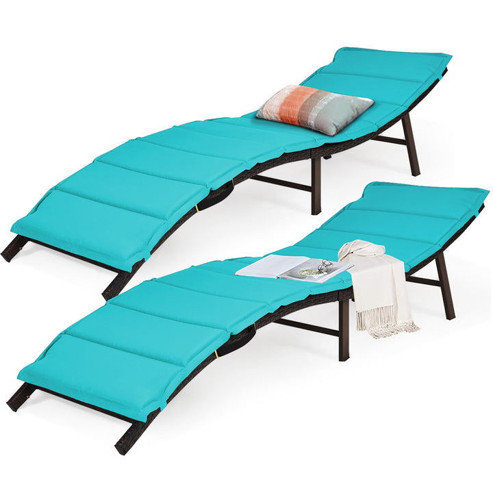 2PCS Patio Rattan Folding Lounge Chair Chaise Double Sided Cushion Turquoise Image 9