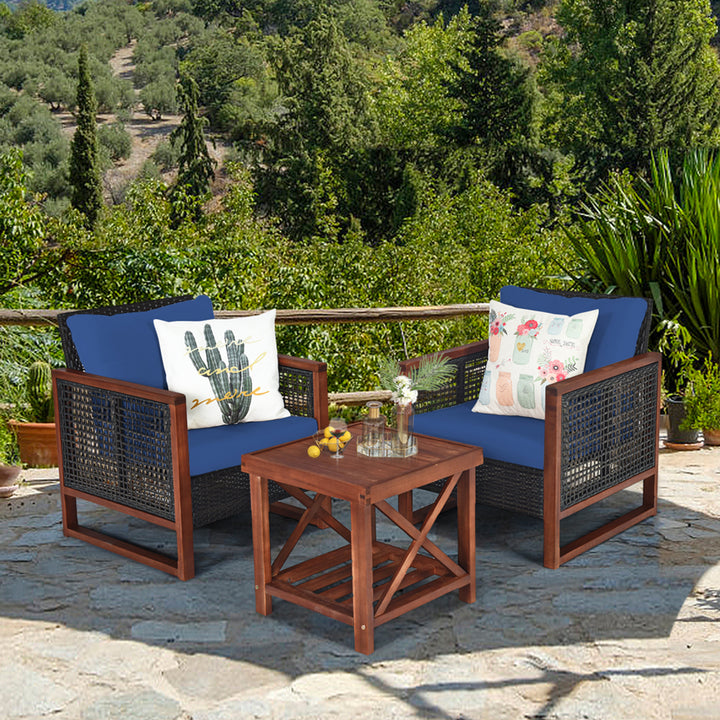 3PCS Rattan Wicker Patio Conversation Set Outdoor Furniture Set w/ Navy Cushion Image 1